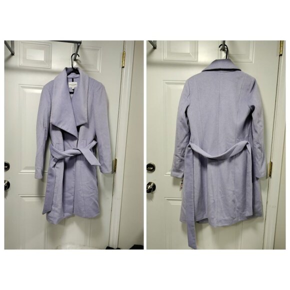 NWT Cole Haan Wool Blend Notch Lapel Longline Belted Coat Purple Women's Size 2 - Picture 2 of 8